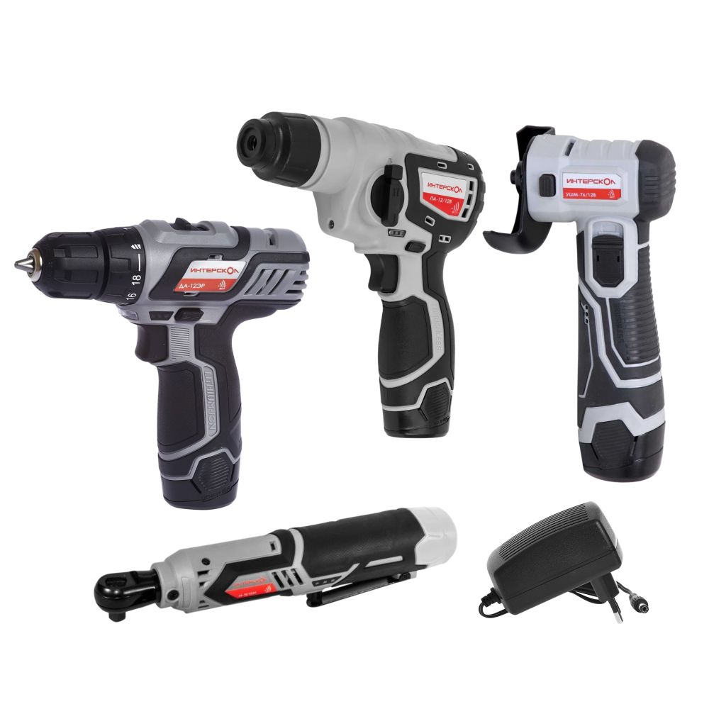Набор электроинструмента ИНТЕРСКОЛ 12 В: ДА-12ЭР 28 + ГА-70/12ВЭ + ПА-12/12В +УШМ-76/12В, с 2 АКБ 2 Ач и ЗУ