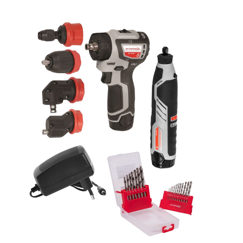 Набор аккумуляторного инструмента ИНТЕРСКОЛ 12 В: дрель-шуруповерт ДА-10/12В 36 + гравер АГМ-12Э +19 сверл, с 2 АКБ 2 Ач и ЗУ
