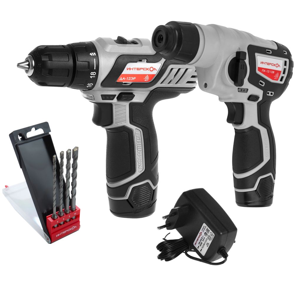 Набор аккумуляторного инструмента ИНТЕРСКОЛ 12 В: дрель-шуруповерт ДА-12ЭР 28 + перфоратор ПА-12/12В + 4 бура, с 2 АКБ 2 Ач и ЗУ