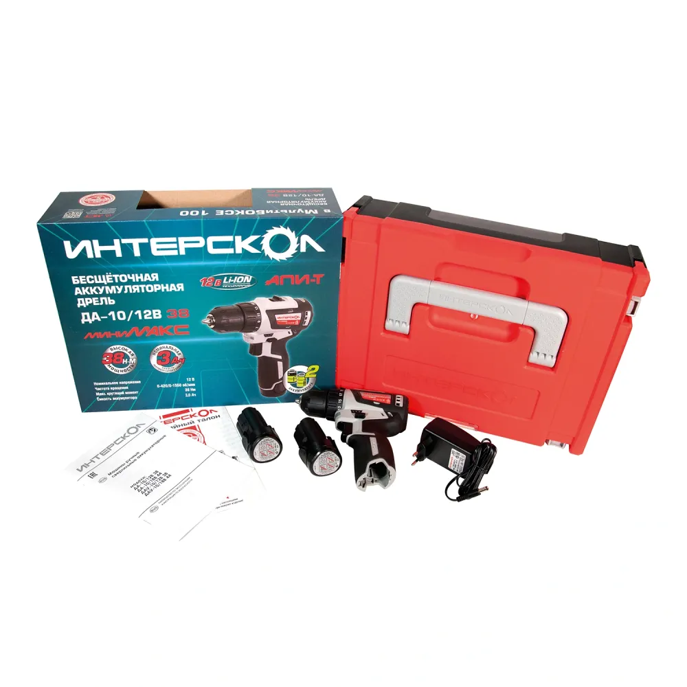 Дрель-шуруповерт ИНТЕРСКОЛ МиниМАКС ДА-10/12В 38, 12 В, 1550 об/мин, c 2 АКБ 3 Ач и ЗУ, в систейнере МультиБОКС (757.3.2.46)