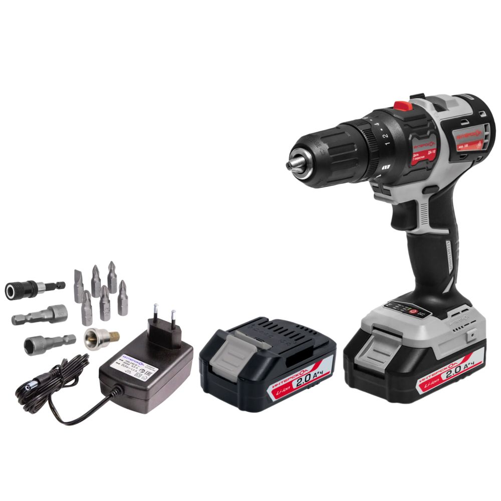 Дрель-шуруповерт ИНТЕРСКОЛ ДА-10/18В 44 МультиМАКС 18, 18 В, 1450 об/мин, c 2 АКБ 2 Ач и ЗУ, + Набор бит в подарок (755.2.1.48)