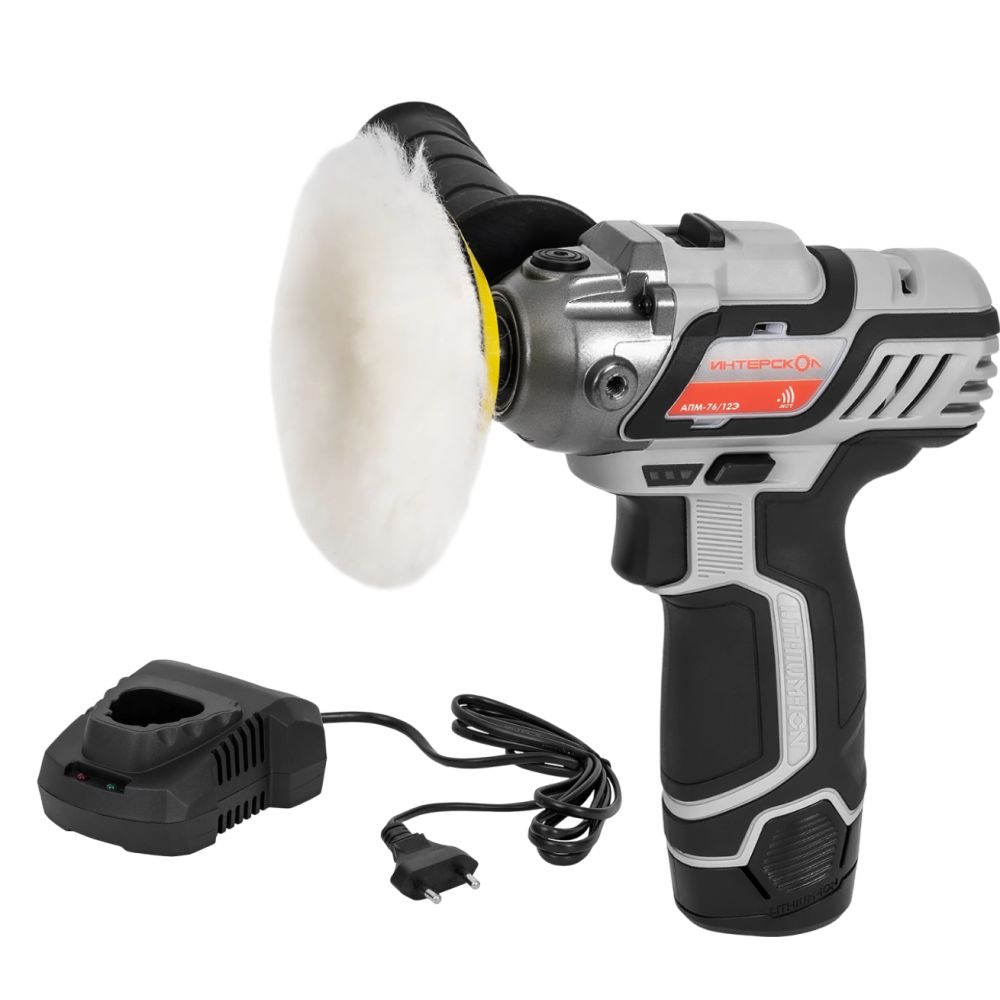 Аккумуляторная полировальная машина ИНТЕРСКОЛ АПМ-76/12Э, 12 В, 76 мм, 8300 об/мин, с АКБ 2 Ач и ЗУ (806.0.0.70-B2C)