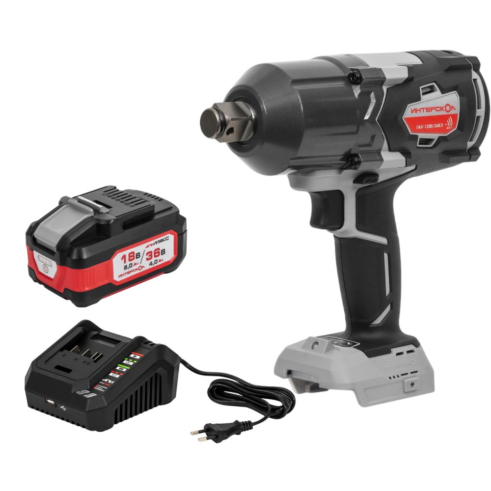 Аккумуляторный гайковерт ИНТЕРСКОЛ ГАУ-1200/36ВЭ, 36 В, 1200 Hм, 2050 уд/мин, с АКБ 4 Ач и ЗУ (819.1.0.70-B4C)