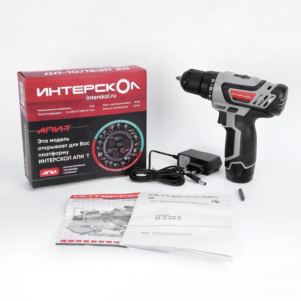 Аккумуляторная дрель-шуруповерт ИНТЕРСКОЛ ДА-10/12ЭР 28, 12 В, 1450 об/мин, с АКБ 2 Ач и ЗУ, в кейсе (595.2.1.20)