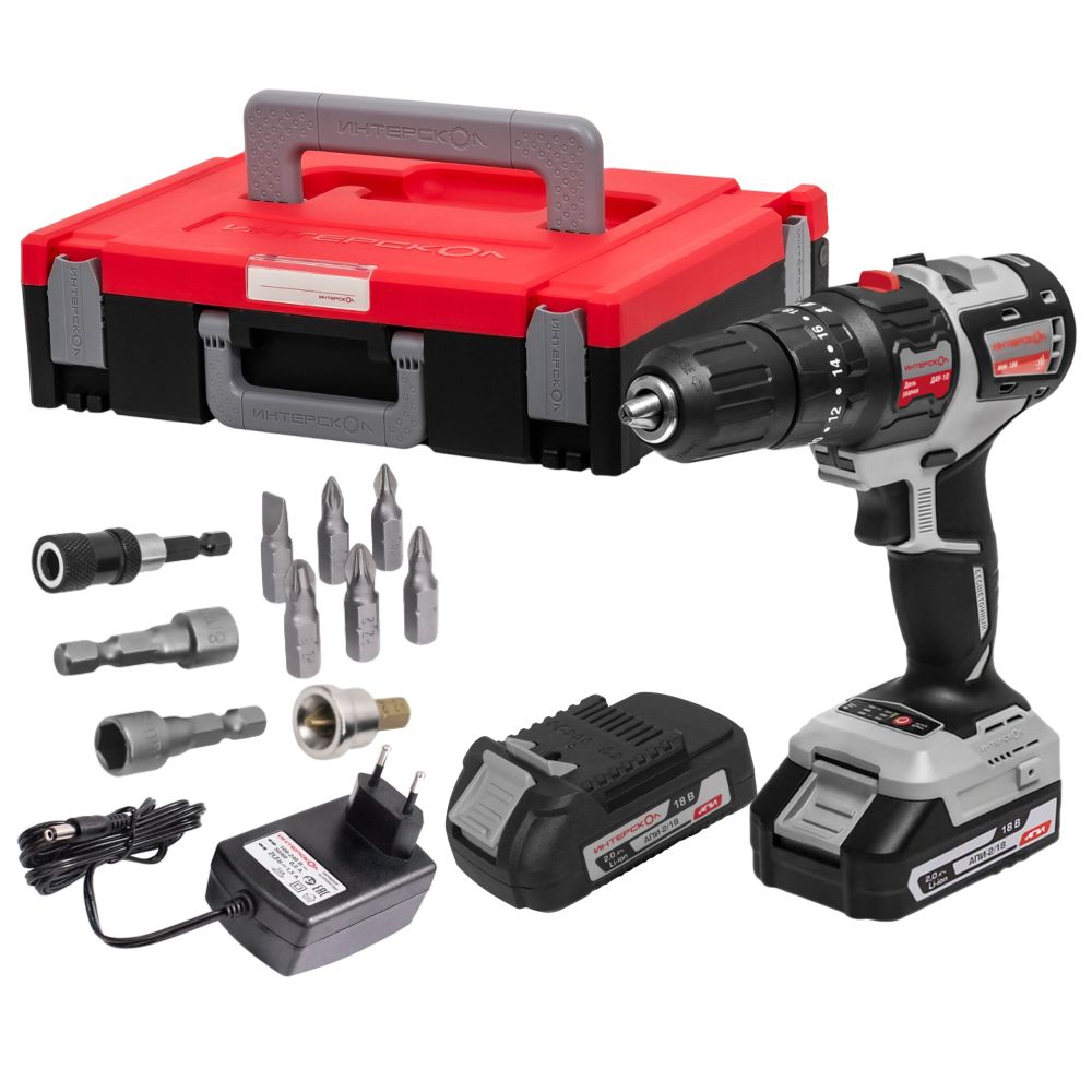 Дрель-шуруповерт ИНТЕРСКОЛ ДАУ-10/18В 44, 18 В, 1650 об/мин, 21000 уд/мин, c 2 АКБ 2 Ач и ЗУ, в кейсе + биты (755.2.2.47)