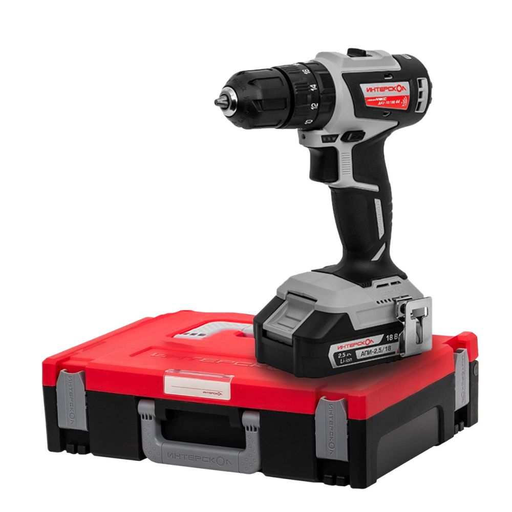 Дрель-шуруповерт ИНТЕРСКОЛ МиниМАКС ДА-10/18В 44, 18 В, 1650 об/мин, c 2 АКБ 2.5 Ач и ЗУ, в систейнере МультиБОКС (759.2.2.46)
