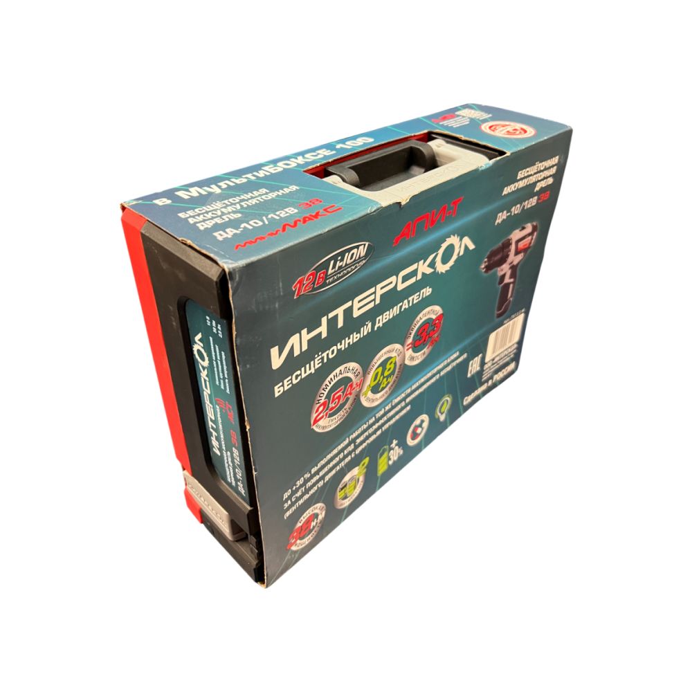 Аккумуляторная дрель-шуруповерт ИНТЕРСКОЛ МиниМАКС ДА-10/12В 38, 12 В, 1550 об/мин, с 2 АКБ 2.5 Ач и ЗУ, в кейсе (УЦЕНЕННЫЙ ТОВАР) (757.2.2.46/U)