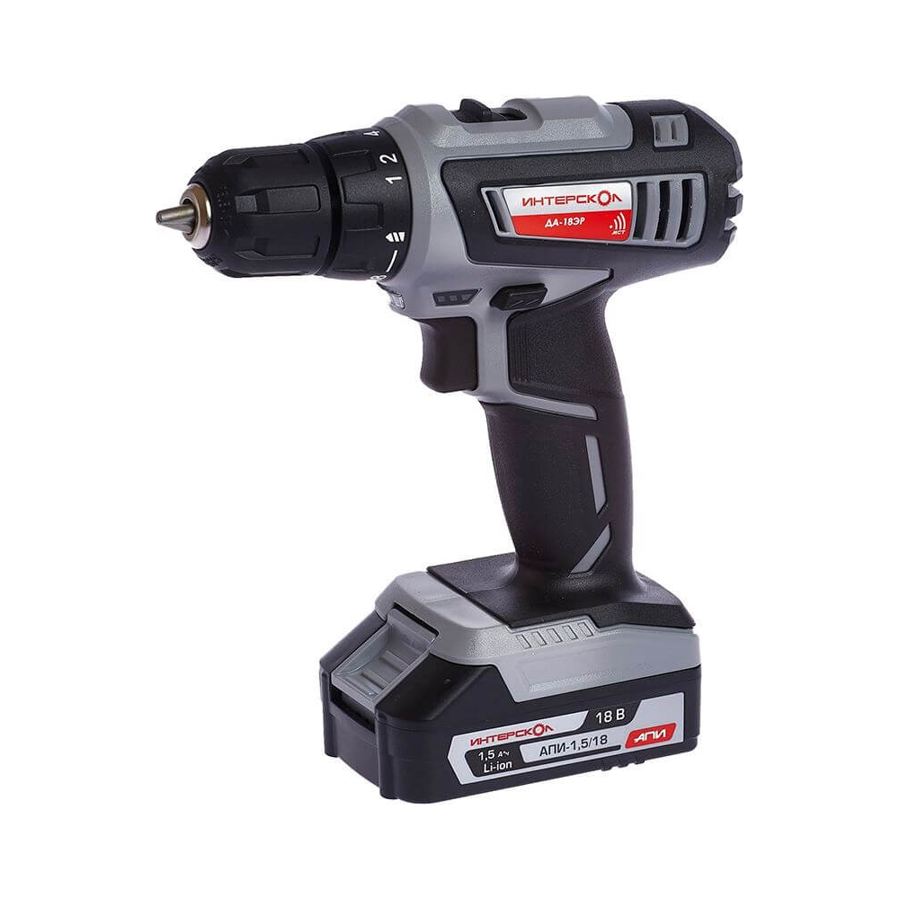 Аккумуляторная дрель-шуруповерт ИНТЕРСКОЛ ДА-18ЭР, АПИ 18 В, 38 Н·м, 1400 об/мин, c 2 АКБ 1.5 Ач и ЗУ, в кейсе, 536.0.2.01