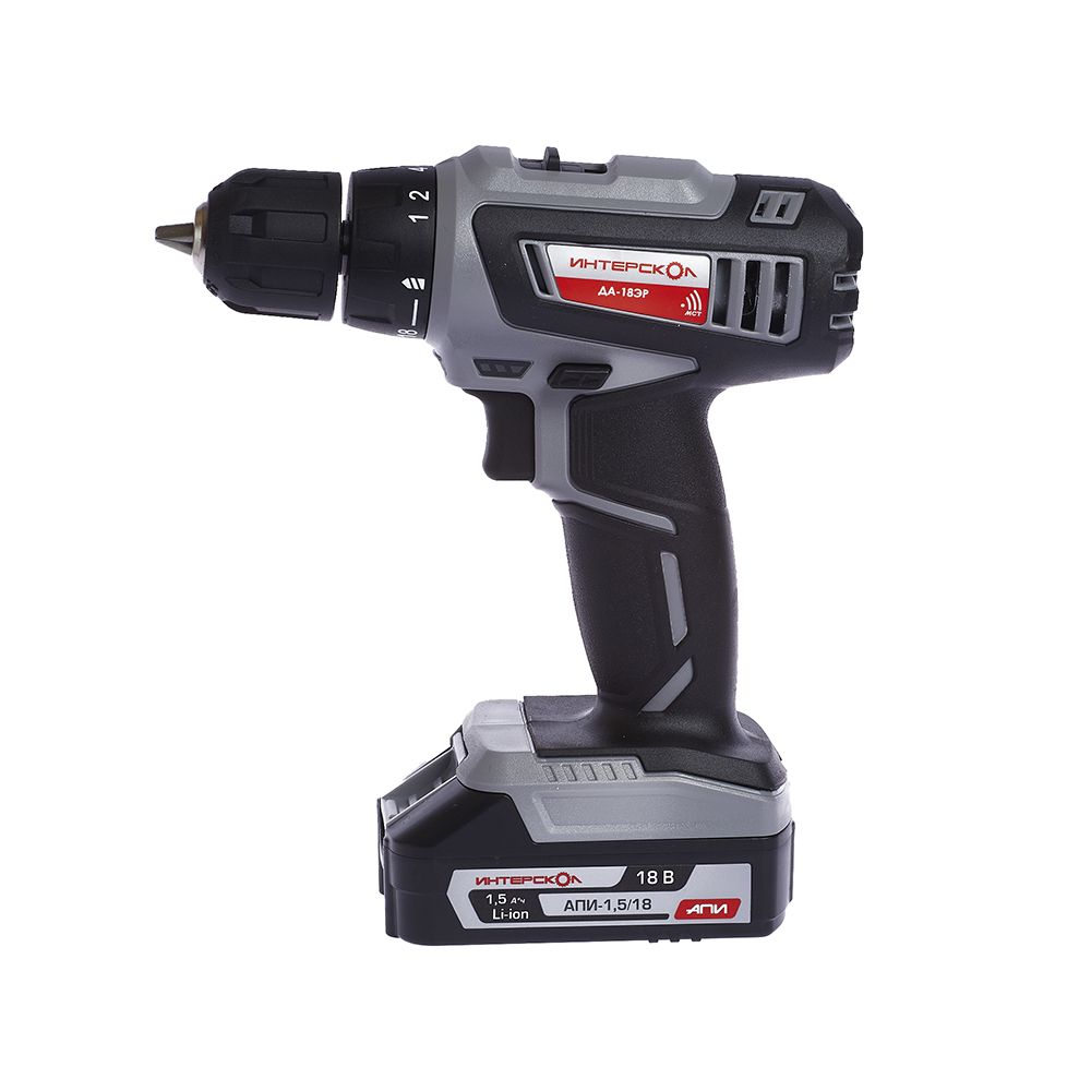 Аккумуляторная дрель-шуруповерт ИНТЕРСКОЛ ДА-18ЭР, АПИ 18 В, 38 Н·м, 1400 об/мин, c 2 АКБ 1.5 Ач и ЗУ, в кейсе, 536.0.2.01