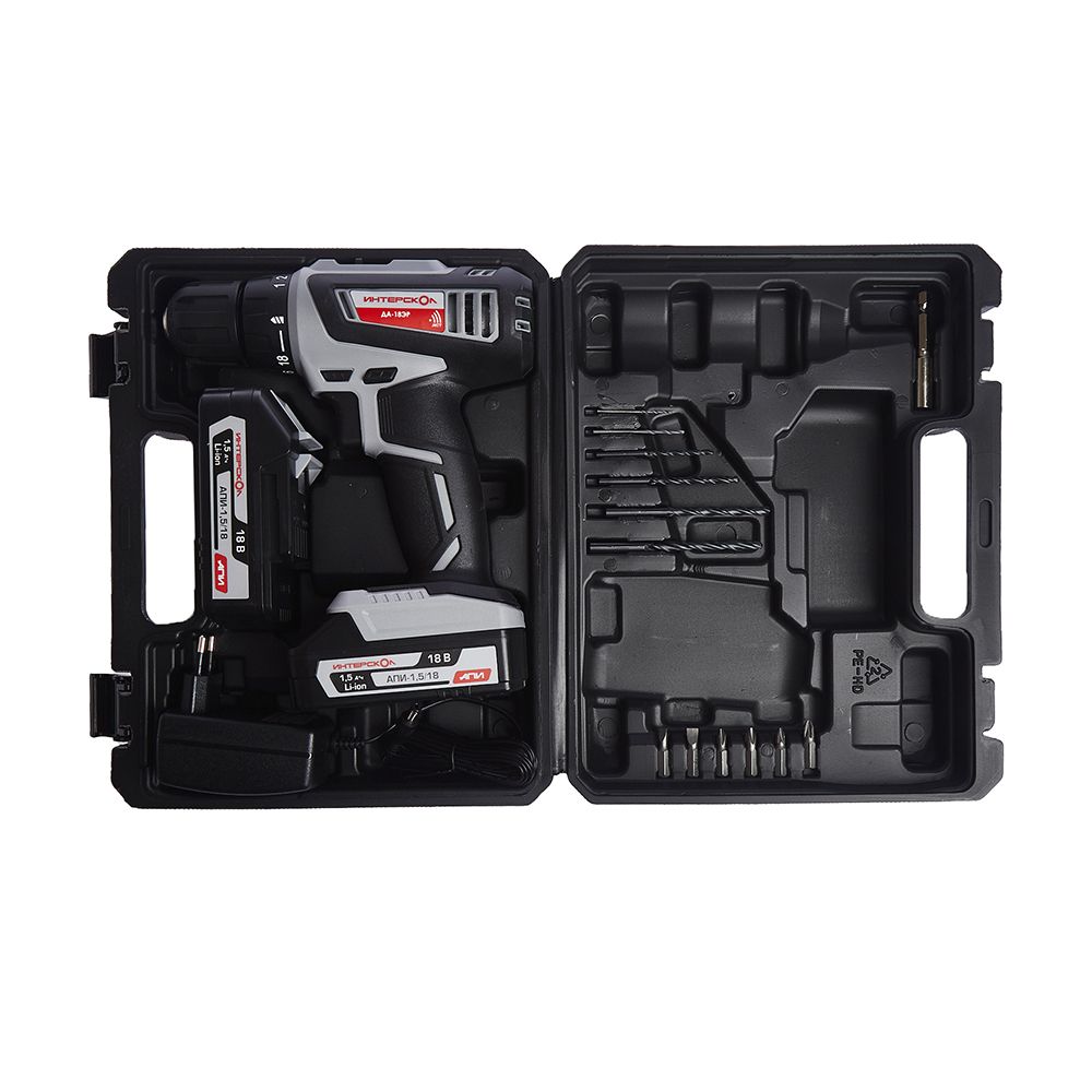 Аккумуляторная дрель-шуруповерт ИНТЕРСКОЛ ДА-18ЭР, АПИ 18 В, 38 Н·м, 1400 об/мин, c 2 АКБ 1.5 Ач и ЗУ, в кейсе, 536.0.2.01