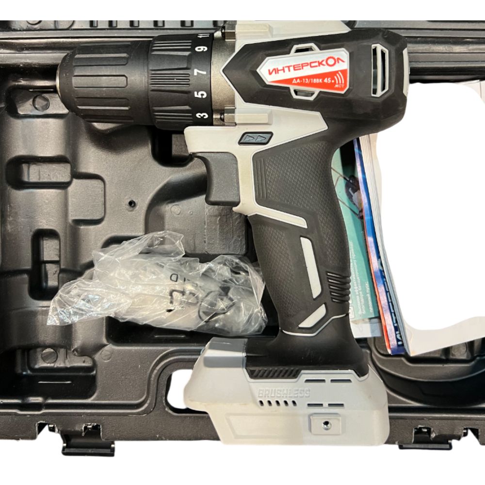 Аккумуляторная дрель-шуруповерт ИНТЕРСКОЛ ДА-13/18ВК 45, 18 В, 1700 об/мин, без АКБ и ЗУ, в кейсе (УЦЕНЕННЫЙ ТОВАР) (575.0.0.70/U)