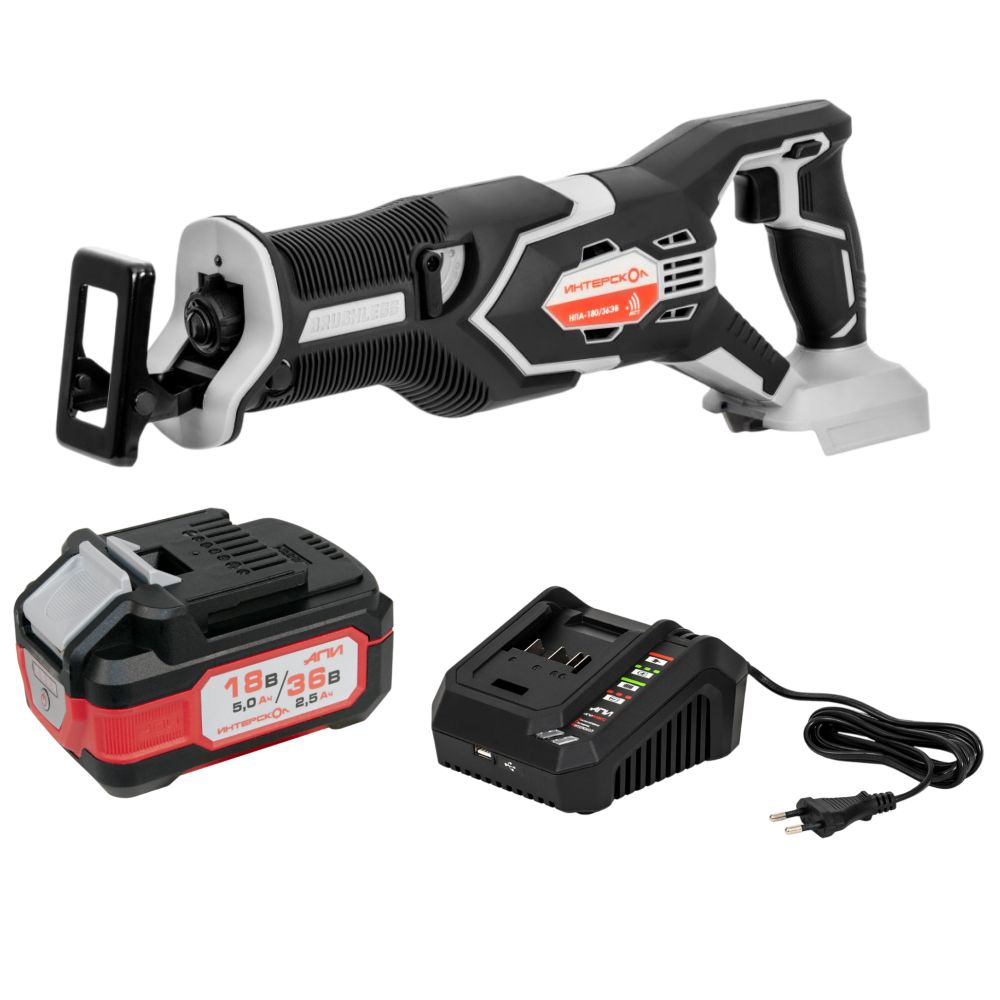 Аккумуляторная сабельная пила ИНТЕРСКОЛ НПА-200/36В, 36 В, 3000 ход/мин, 26 мм, с АКБ 2.5 Ач и ЗУ (833.0.0.70-B25C)
