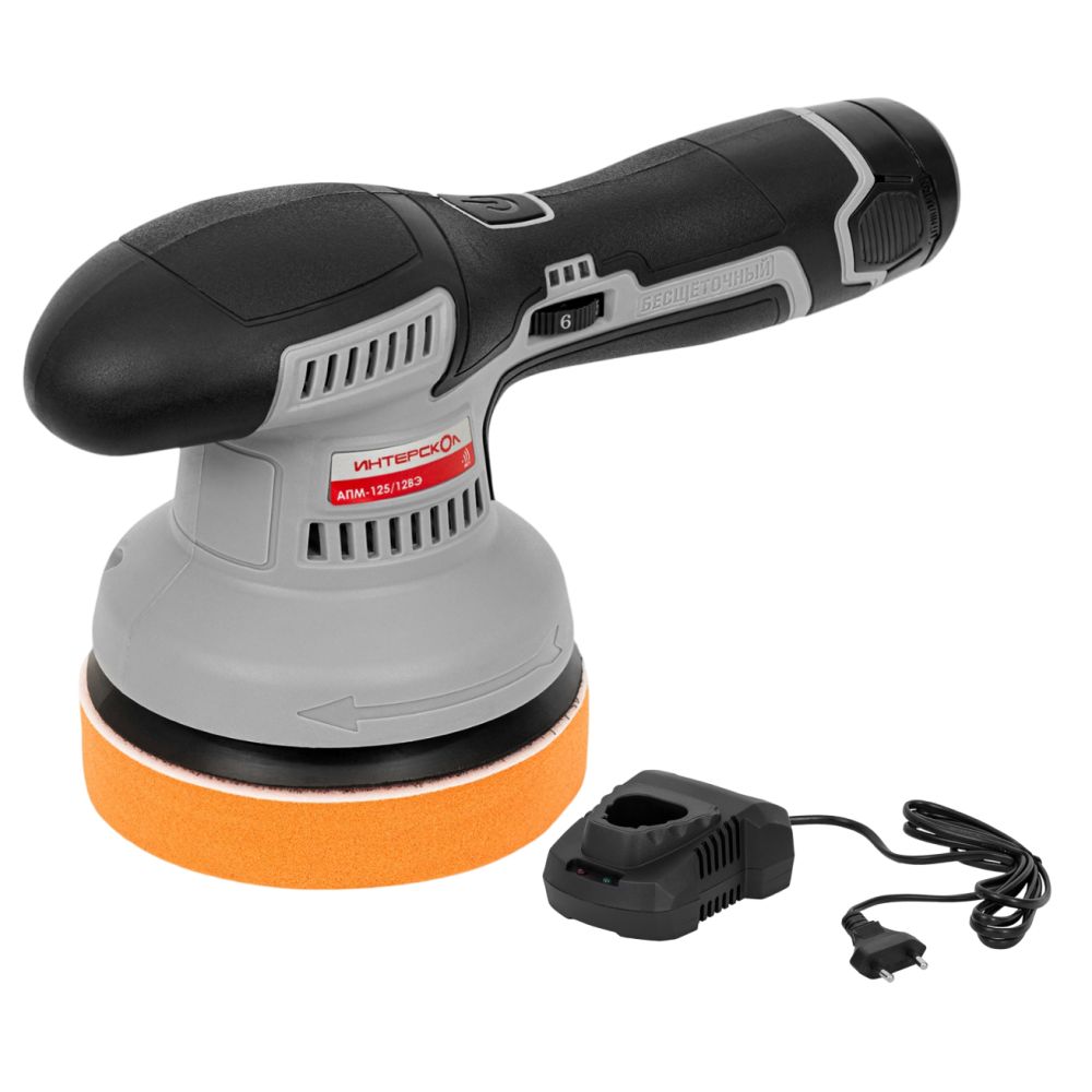 Аккумуляторная полировальная машина ИНТЕРСКОЛ АПМ-125/12ВЭ, 12 В, 125 мм, 5000 об/мин, с АКБ 2 Ач и ЗУ (788.0.0.70-B2C)