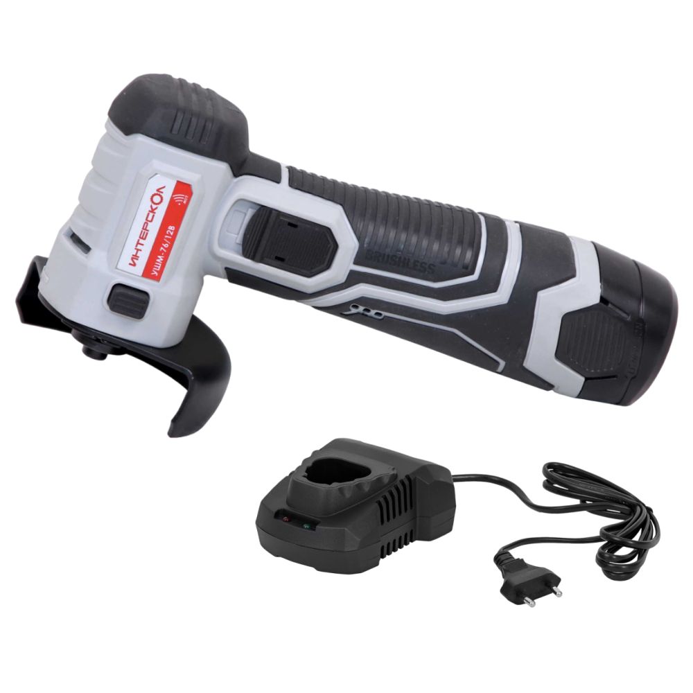 Аккумуляторная угловая шлифмашина ИНТЕРСКОЛ УШМ-76/12В, 12 В, 76 мм, 18650 об/мин, с АКБ 2 Ач и ЗУ (644.0.0.70-B2C)