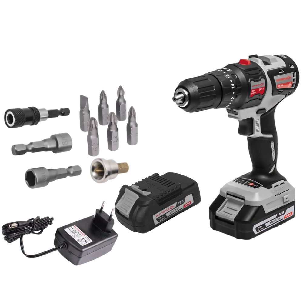 Дрель-шуруповерт ИНТЕРСКОЛ ДАУ-10/18В 44, 18 В, 1650 об/мин, 21000 уд/мин, c 2 АКБ 2 Ач и ЗУ, + Набор бит в подарок (755.2.2.48)