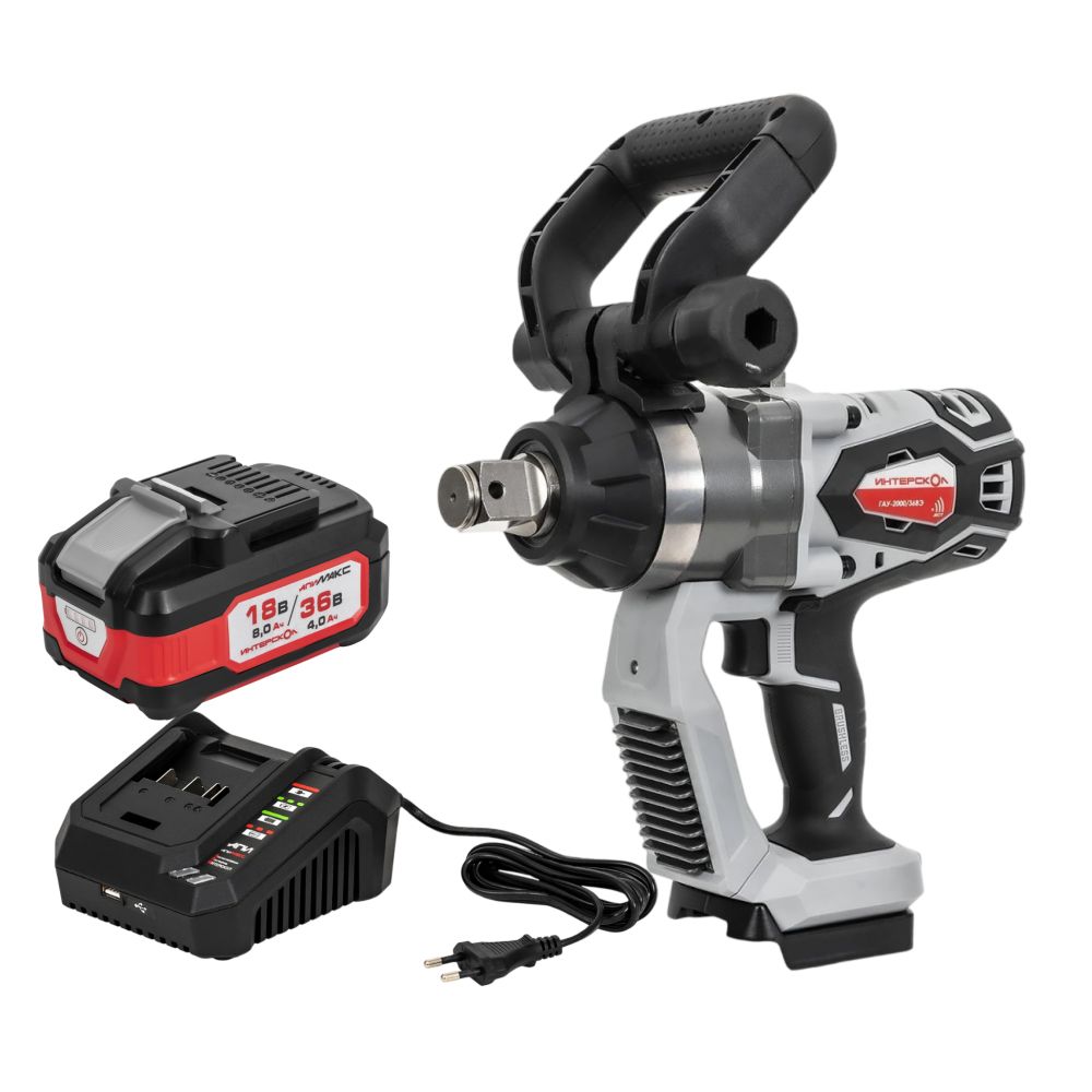 Аккумуляторный ударный гайковерт ИНТЕРСКОЛ ГАУ-2000/36ВЭ, 36 В, 2000 Нм, 25500 уд/мин, с АКБ 4 Ач и ЗУ (820.0.0.70-B4C)
