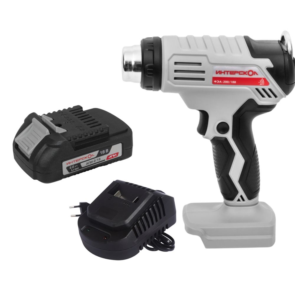 Бесщеточный аккумуляторный строительный фен ИНТЕРСКОЛ ФЭА-200/18В, 550°С, 200 л/мин, с АКБ 2 Ач и ЗУ, (764.0.0.70-B2C)