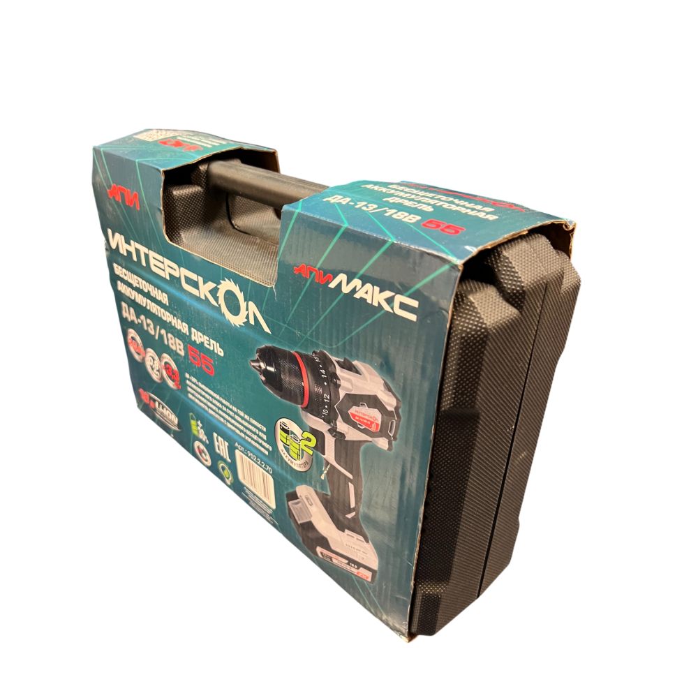 Аккумуляторная дрель-шуруповерт ИНТЕРСКОЛ ДА-13/18В 55, 18 В, 1850 об/мин, с 2 АКБ 2.5 Ач и ЗУ, в кейсе (УЦЕНЕННЫЙ ТОВАР) (952.2.2.70/U)