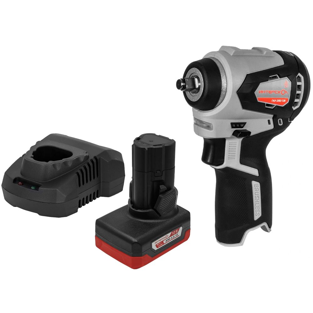 Аккумуляторный ударный гайковерт ИНТЕРСКОЛ ГАУ-250/12ВЭ, 12 В, 250 Нм, 3200 уд/мин, с АКБ 5 Ач и ЗУ (804.1.0.70-B5C)