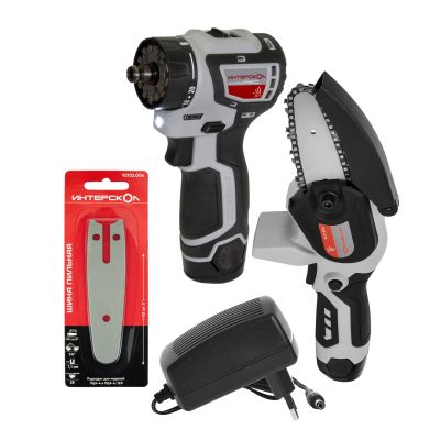 Набор аккумуляторного инструмента ИНТЕРСКОЛ 12 В: дрель-шуруповерт ДА-10/12В 36 + цепная пила ПЦА-4/12 + шина, с 2 АКБ 2 Ач и ЗУ
