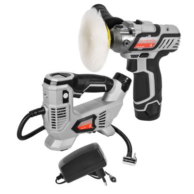 Набор аккумуляторного инструмента ИНТЕРСКОЛ 12 В: полировальная машина АПМ-76/12Э + компрессор АКА-8/12ЭМ, с 2 АКБ 2 Ач и ЗУ