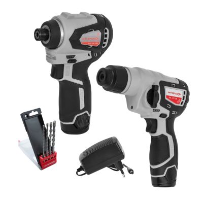 Набор аккумуляторного инструмента ИНТЕРСКОЛ 12 В: перфоратор ПА-12/12В + шуруповерт ШАУ-220/12ВЭ + 4 бура, с 2 АКБ 2 Ач и ЗУ